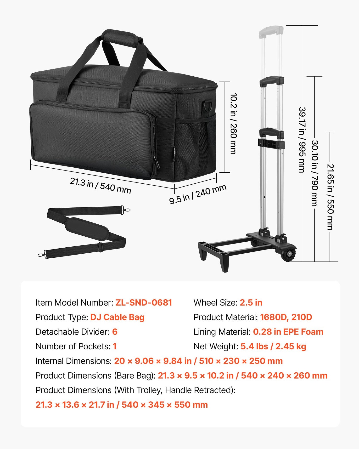 Rolling DJ Cable Bag, 1680D, Padded File Gig Bag With Wheels, 6 Detachable Divider, Travel Storage Music Gear Case, For Professional DJ Gear, Musical Instrument And Accessories, Sound Equipment