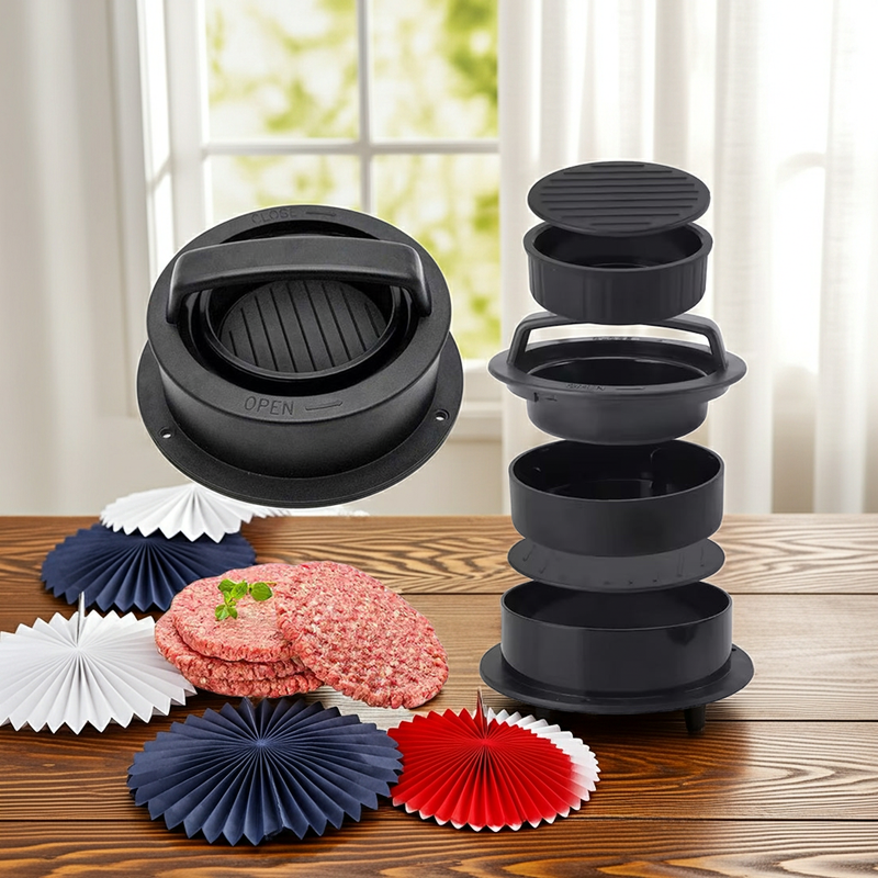 3-in-1 Manual Kitchen Gadget: Hamburger Patty, Round Beef Burger & Meatball Press.
