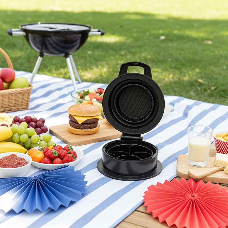 3-in-1 Manual Kitchen Gadget: Hamburger Patty, Round Beef Burger & Meatball Press.