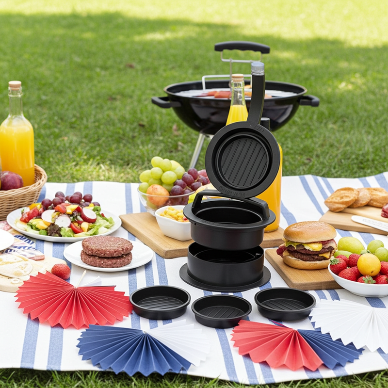 3-in-1 Manual Kitchen Gadget: Hamburger Patty, Round Beef Burger & Meatball Press.